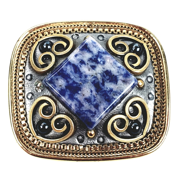 Michal Golan Blue Sodalite & Gold Filigree Pendant / Brooch w/Hearts 1.50x1.25